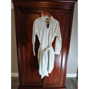 NWT's POLO RALPH LAUREN Womens Size 12 Cream/Navy Blue Stripe Belted Shirt Dress